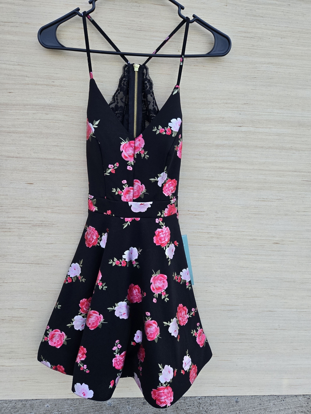 Black Floral Dress with Pink Roses, Lacr Zipper Back